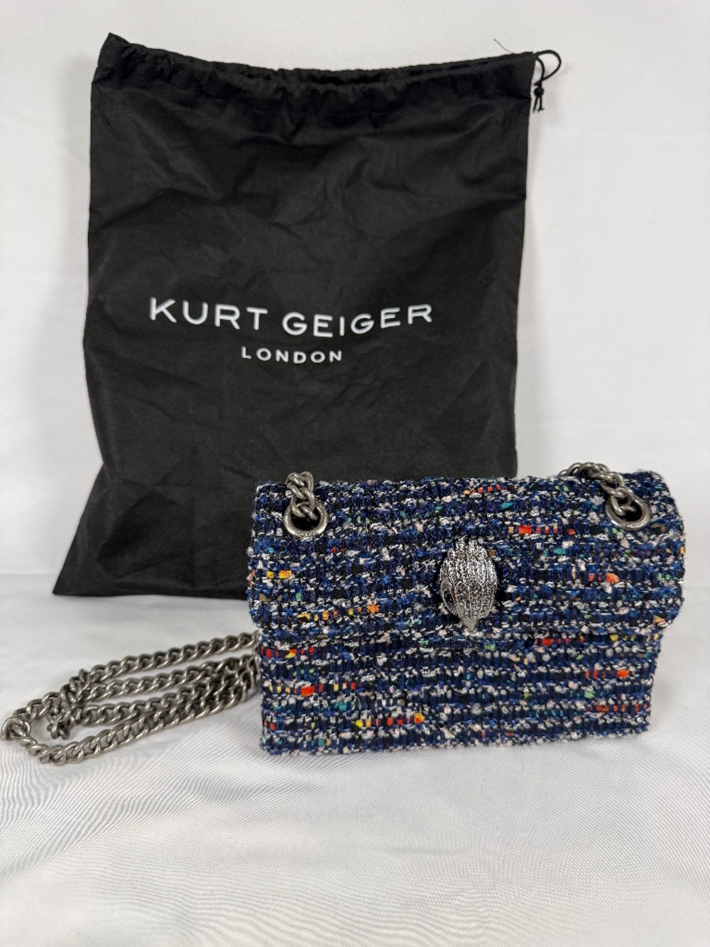 Kurt Geiger London Kensington Blue Multicolor Tweed Eagle Chain Bag
